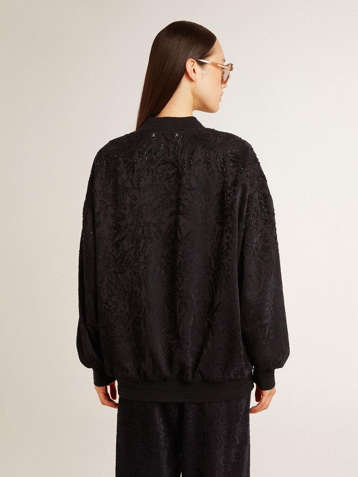 Golden Goose - Women's black cardigan with tone-on-tone toile de jouy bead embroidery in 