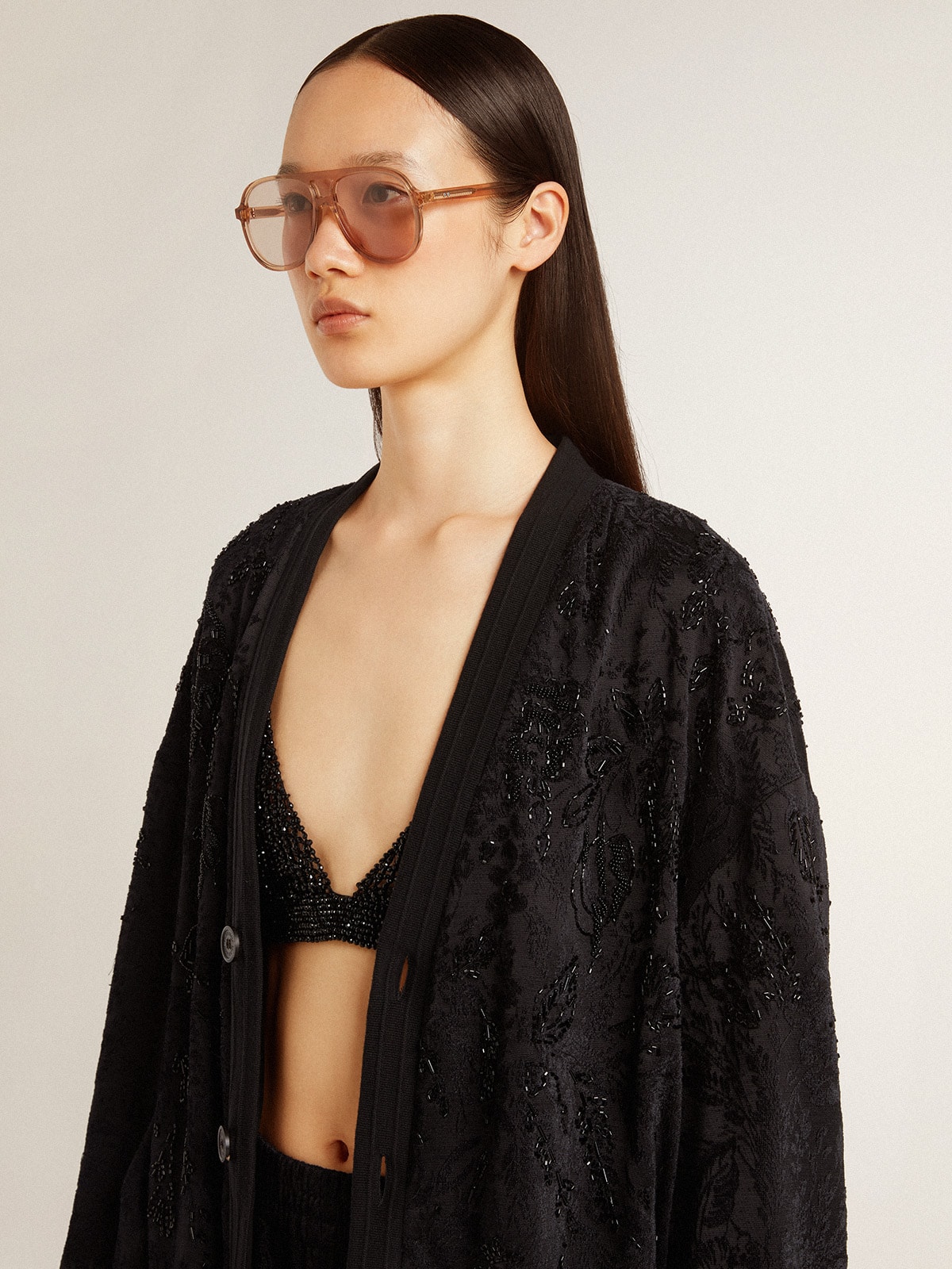 Women's black cardigan with tone-on-tone toile de jouy bead