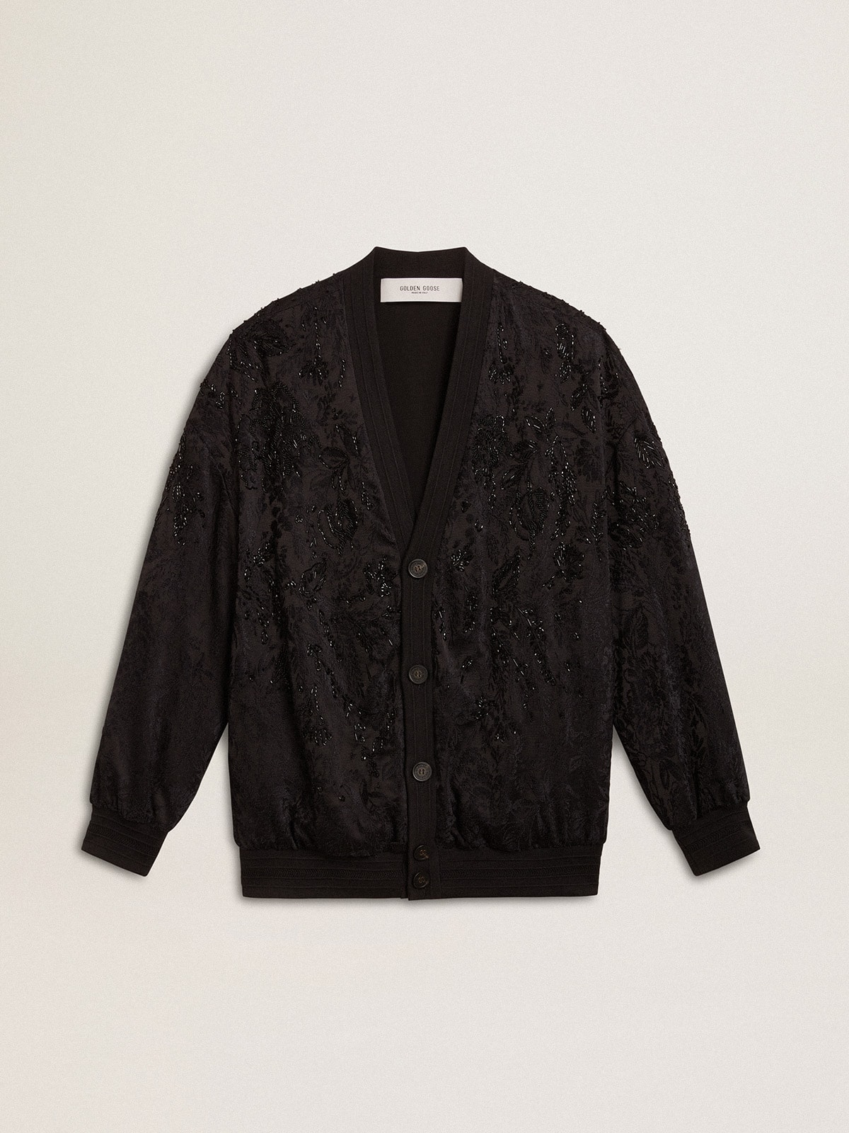 Women's black cardigan with tone-on-tone toile de jouy bead embroidery | Golden  Goose