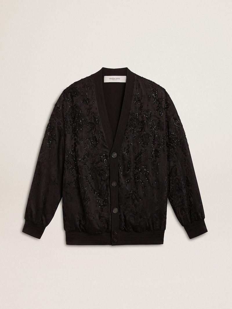 Women's black cardigan with tone-on-tone toile de jouy bead embroidery