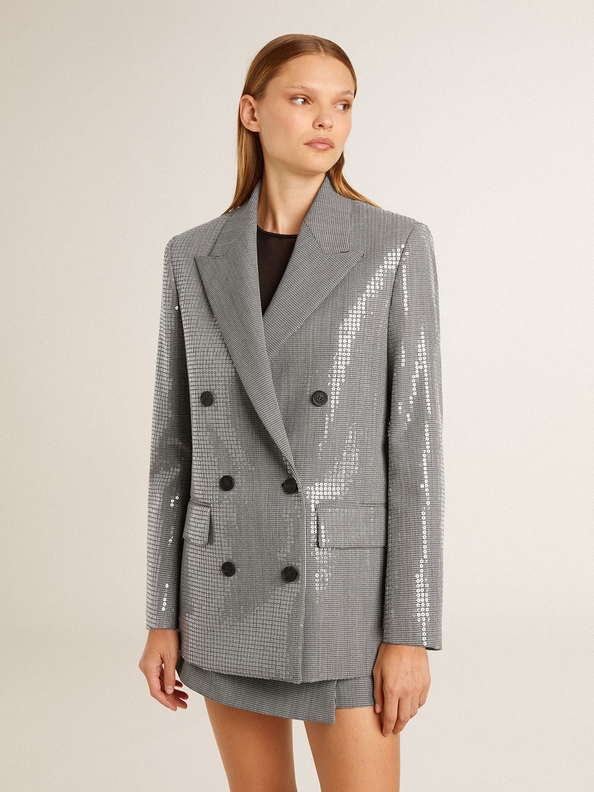 Veste croisée boyfriend en laine à petit motif pied-de-poule et sequins