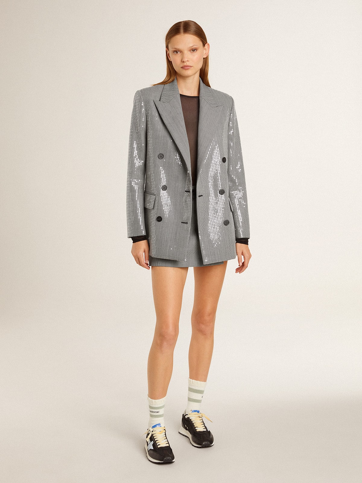 Golden Goose - Double-breasted wool boyfriend jacket in micro houndstooth and sequins in 