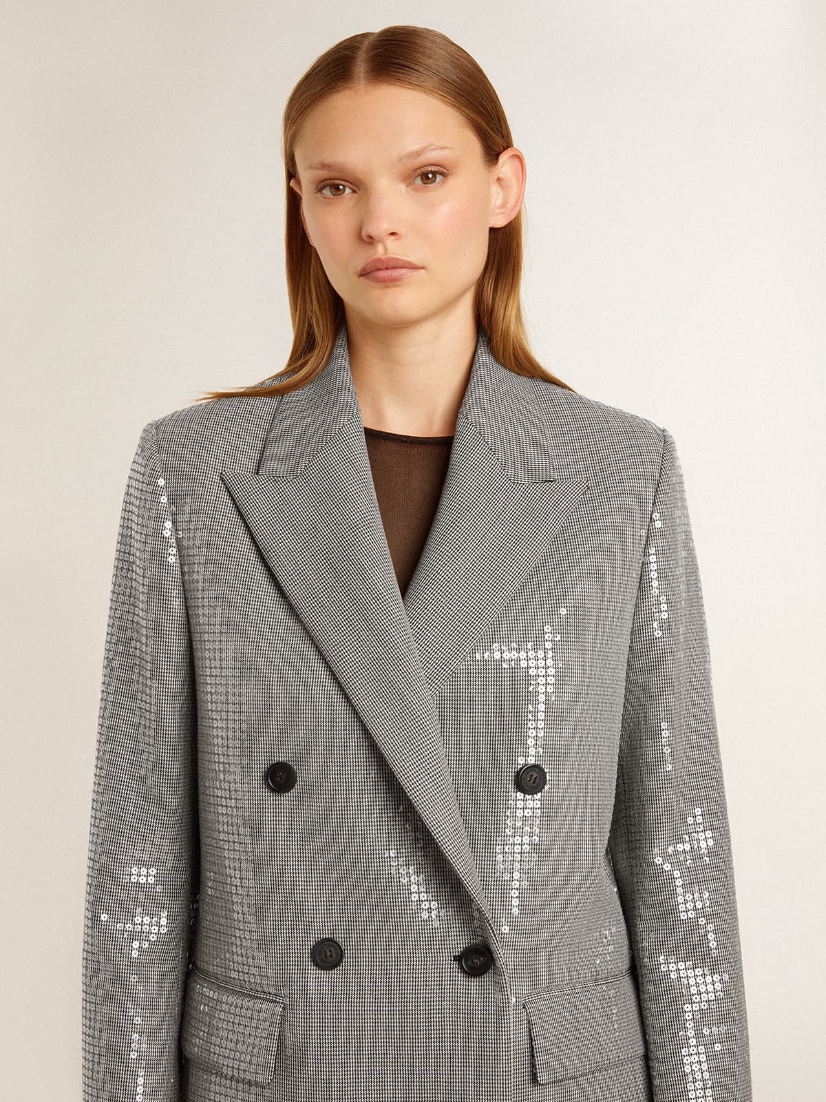 Golden Goose - Double-breasted wool boyfriend jacket in micro houndstooth and sequins in 