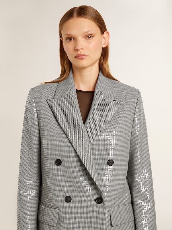 Golden Goose - Double-breasted wool boyfriend jacket in micro houndstooth and sequins in 