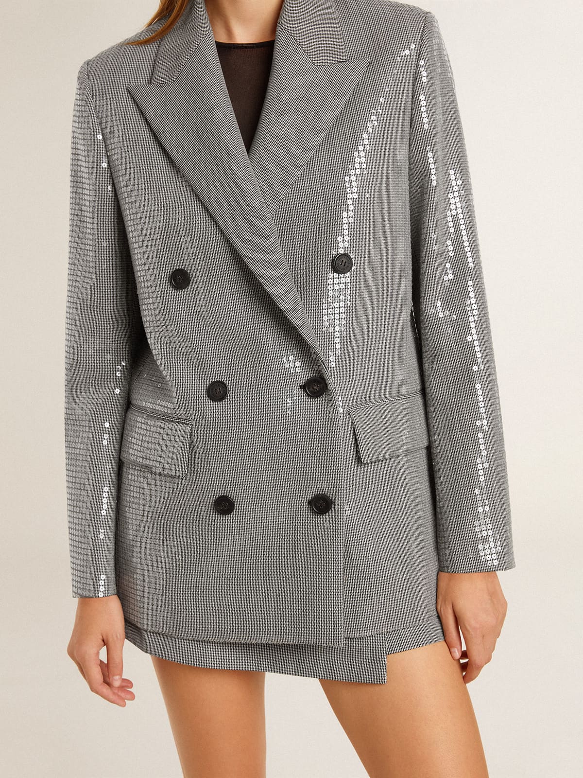 Golden Goose - Double-breasted wool boyfriend jacket in micro houndstooth and sequins in 