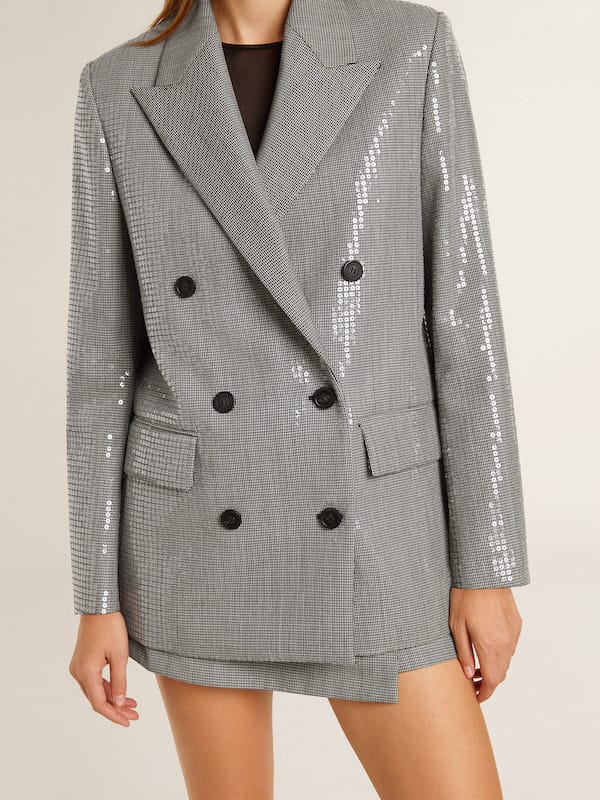 Golden Goose - Double-breasted wool boyfriend jacket in micro houndstooth and sequins in 