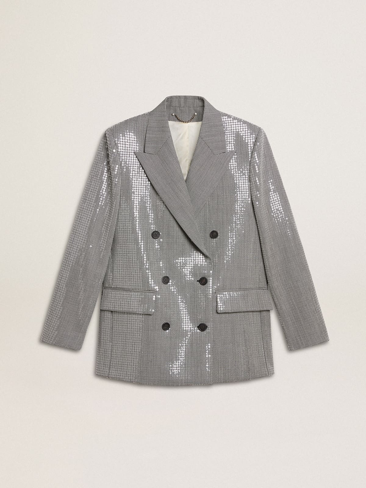 Golden Goose - Double-breasted wool boyfriend jacket in micro houndstooth and sequins in 