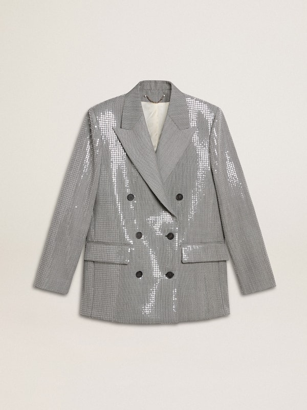 Golden Goose - Double-breasted wool boyfriend jacket in micro houndstooth and sequins in 