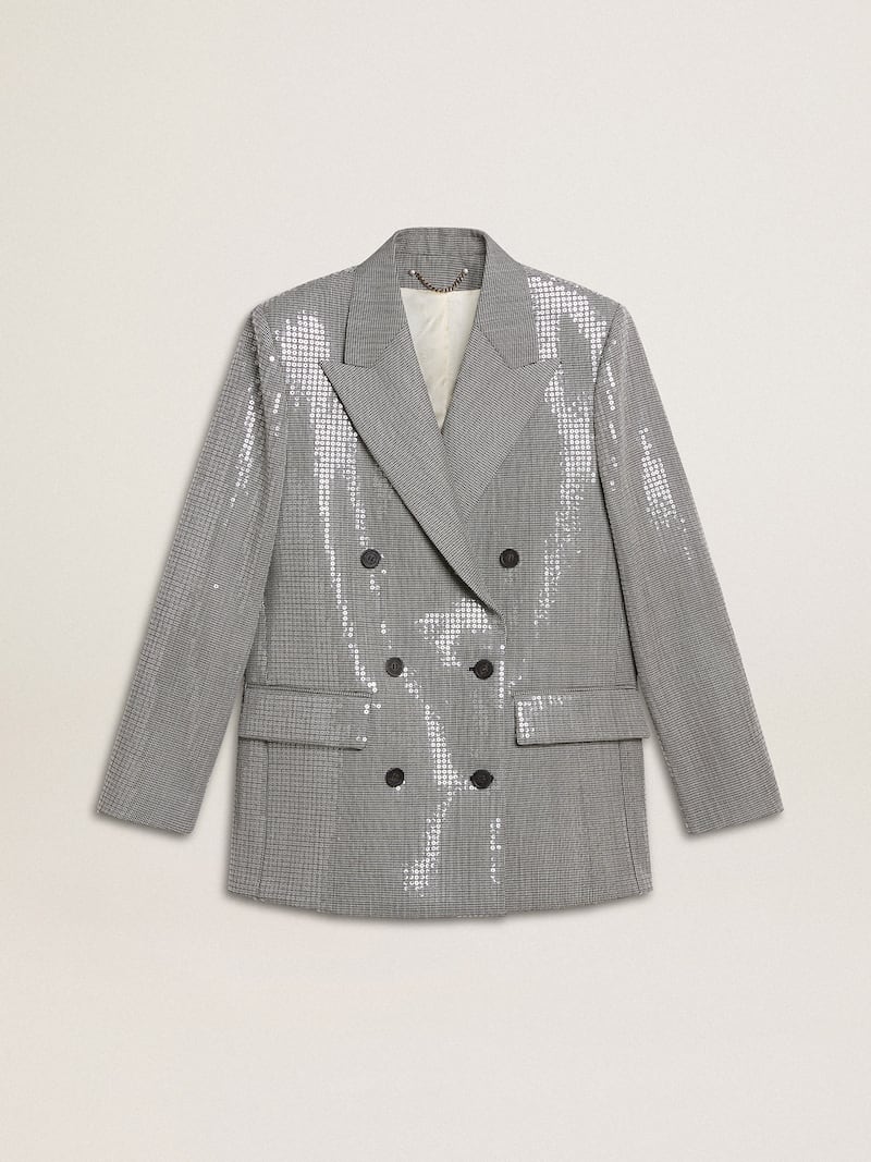 Veste croisée boyfriend en laine à petit motif pied-de-poule et sequins