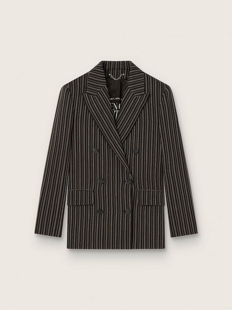 Blazer feminino de abotoamento duplo de l&atilde; risca de giz marrom