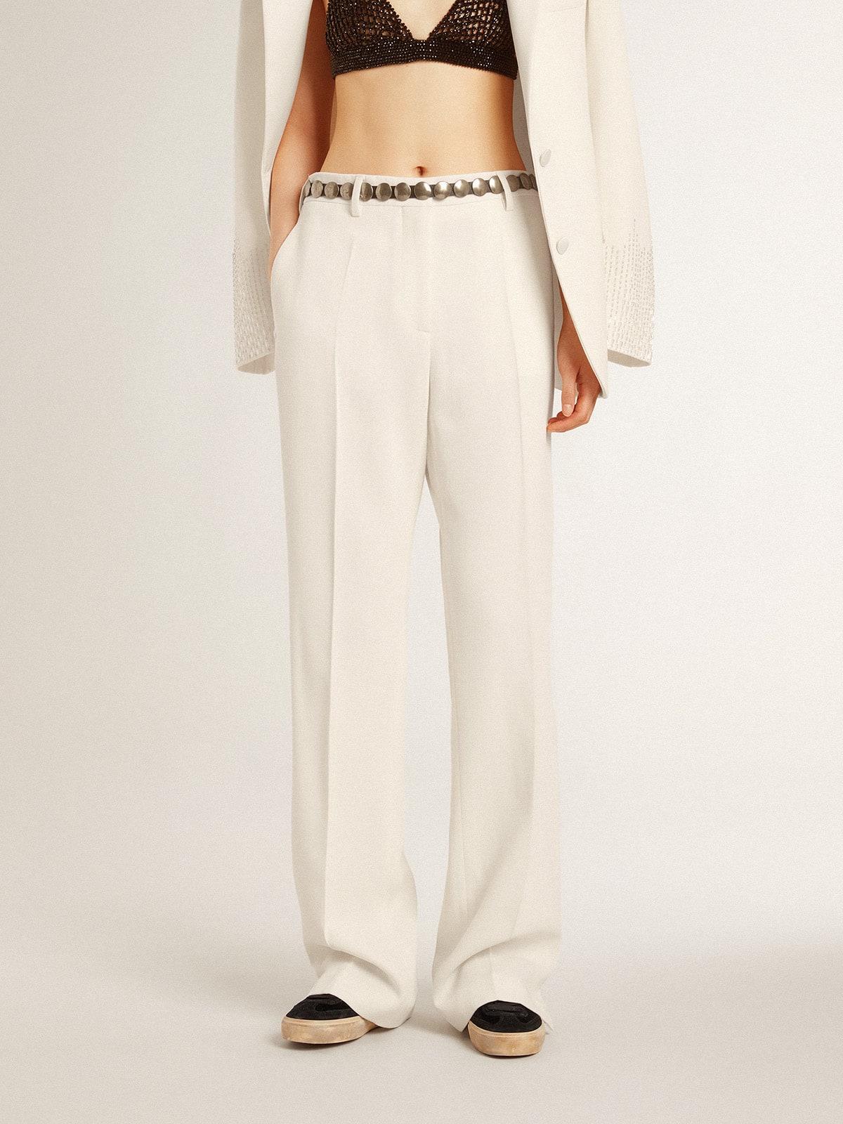 Golden Goose - Women's loose pants in worn-white tailored fabric in 