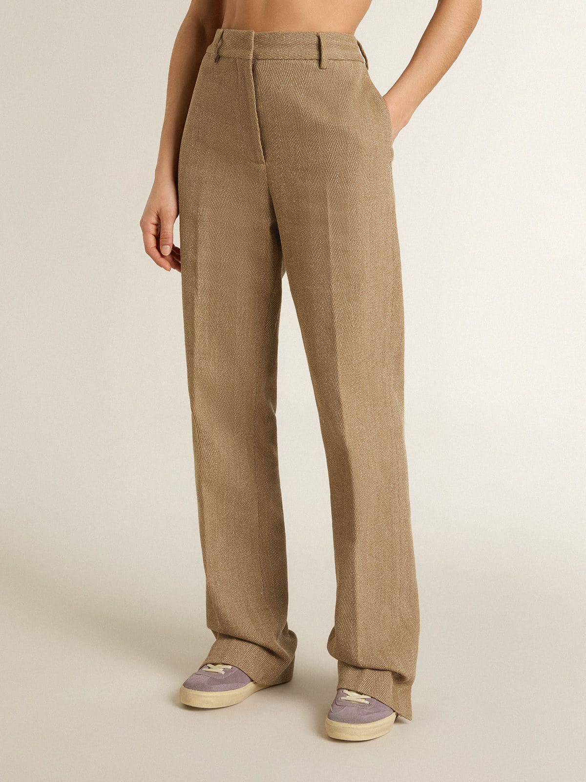 Golden Goose - Pantalon pour femme en lin mélangé couleur sable à chevrons in 