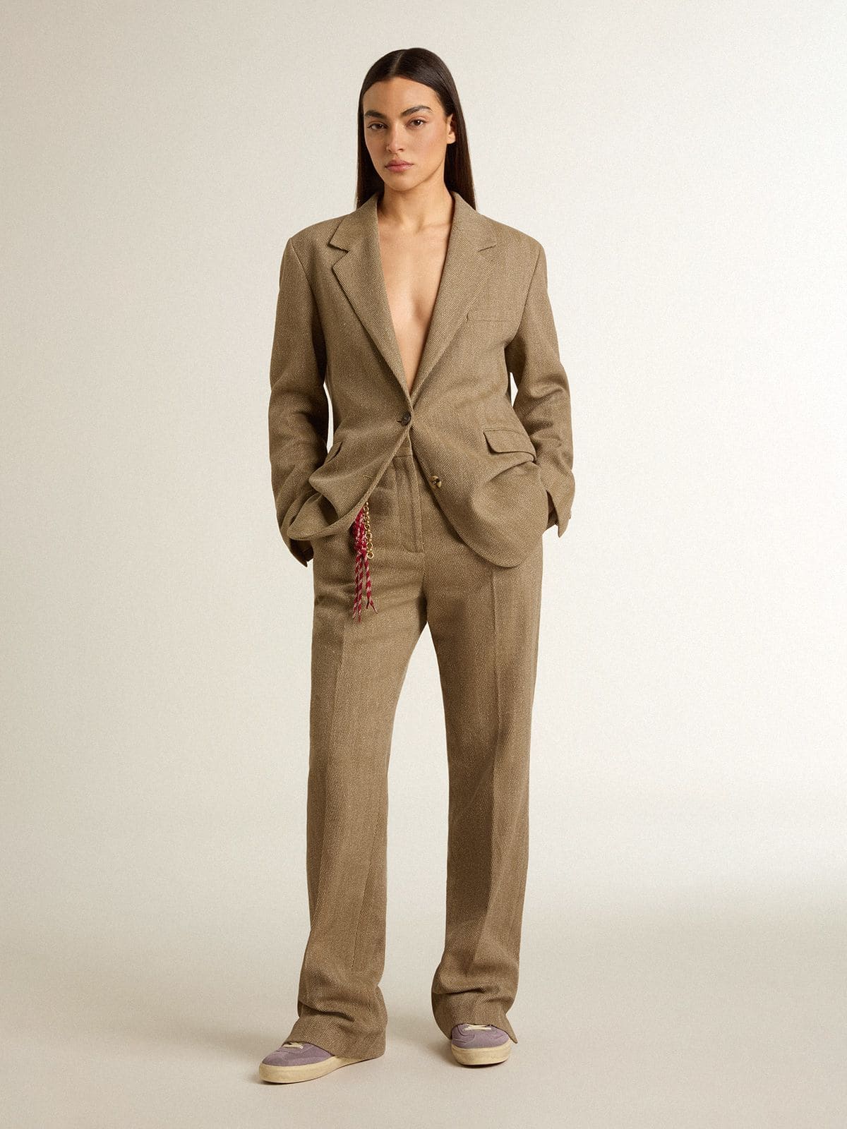 Golden Goose - Pantalon pour femme en lin mélangé couleur sable à chevrons in 