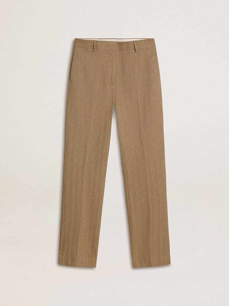 Pantalon pour femme en lin mélangé couleur sable à chevrons