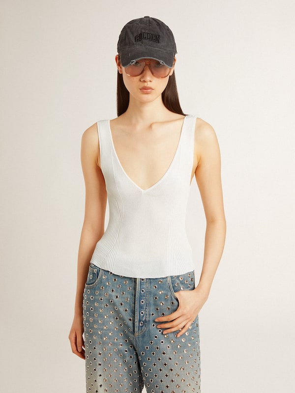 Golden Goose - Sleeveless top embroidered with worn-white ribbing in 