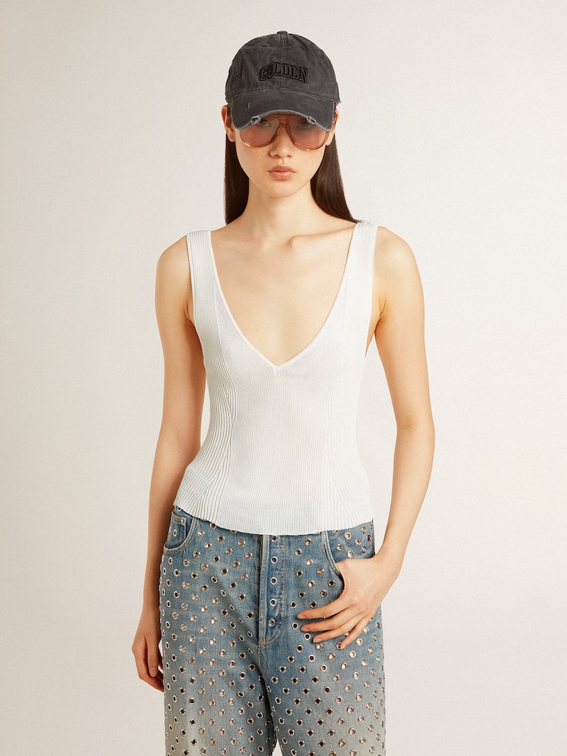 Golden Goose - &Auml;rmelloses Top mit Rippenstickerei in Lived-in-White in 