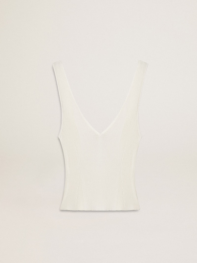 Sleeveless top embroidered with worn-white ribbing