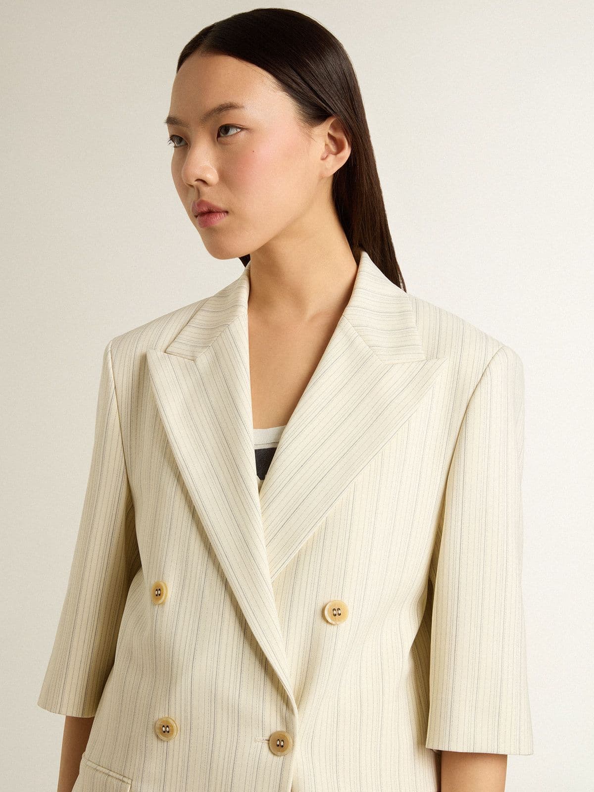 Golden Goose - Women's blazer in white and gray pinstripe wool blend with short sleeves in 