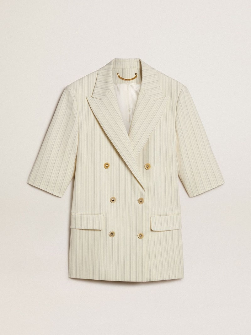Women's blazer in white and gray pinstripe wool blend with short sleeves