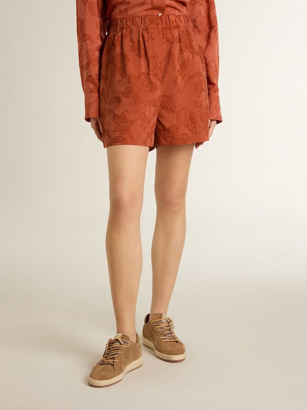 Golden Goose - Women's shorts in brick-red jacquard with marine floral pattern in 