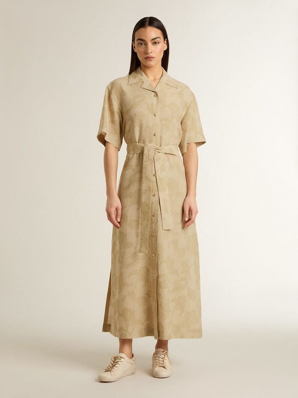 Golden Goose - Women's short-sleeved shirt dress in beige floral jacquard in 