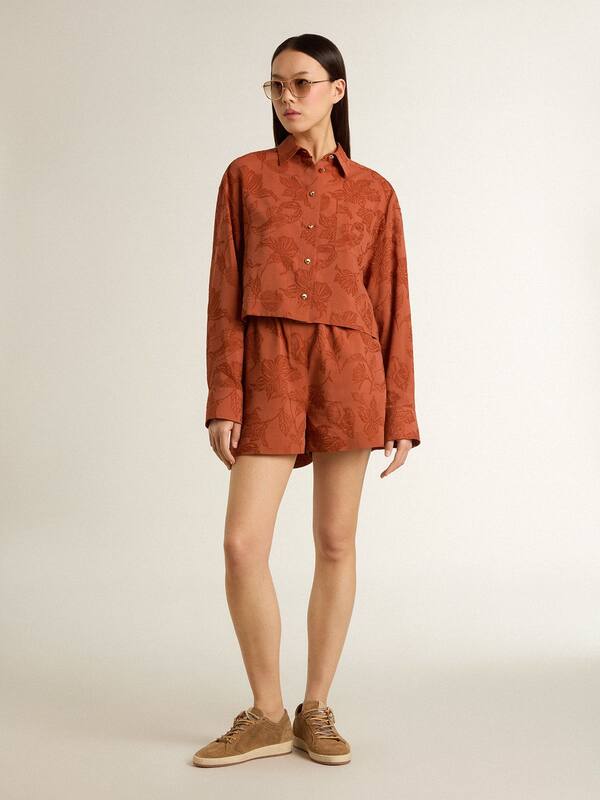 Golden Goose - Women's cropped shirt in brick red jacquard with wide sleeves in 