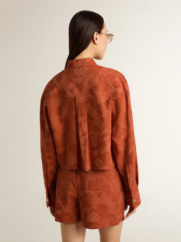 Golden Goose - Women's cropped shirt in brick red jacquard with wide sleeves in 