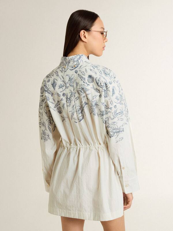 Golden Goose - Women's short shirt dress in white striped cotton with a blue marine print in 