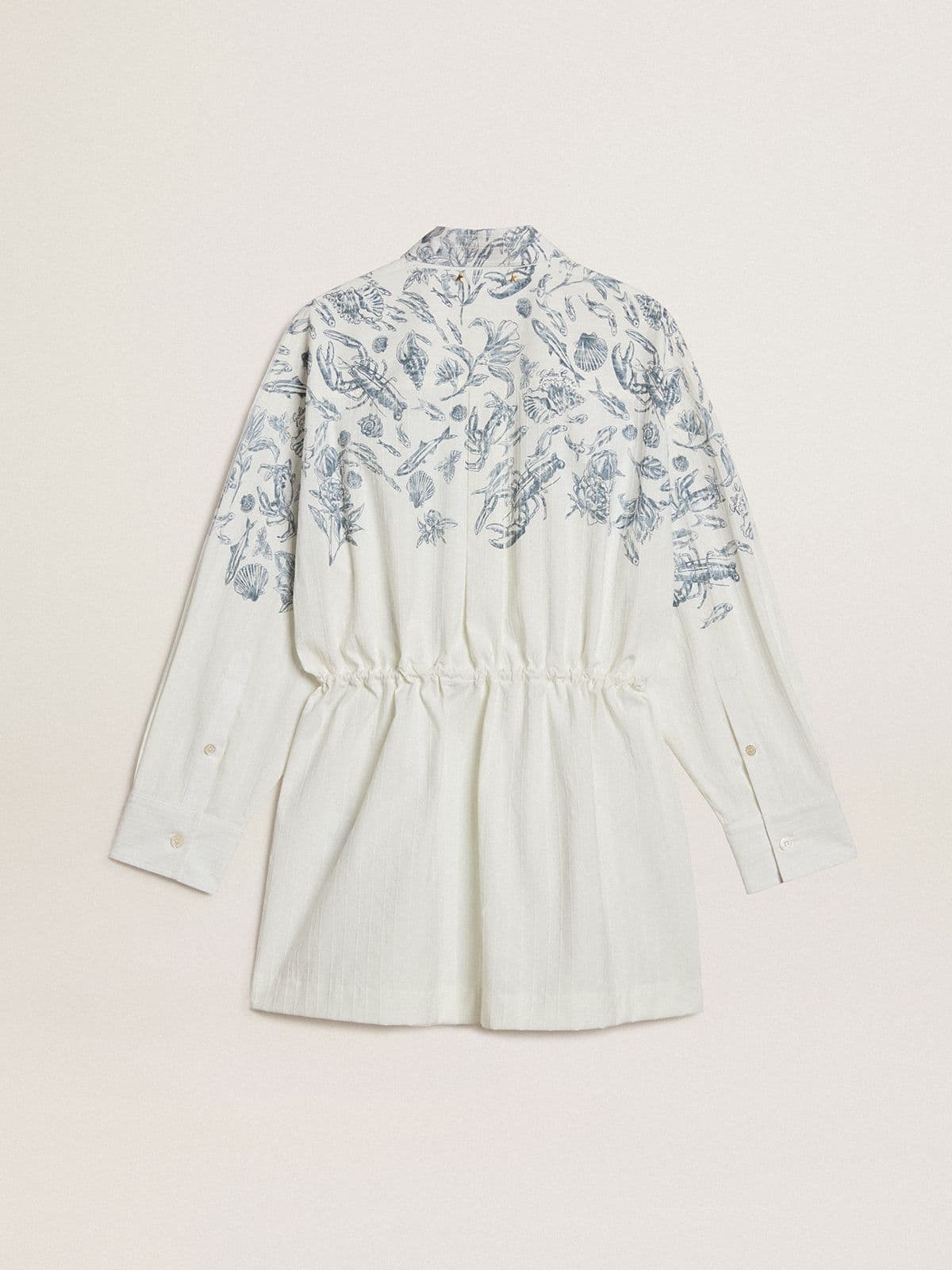 Women's short shirt dress in white striped cotton with a