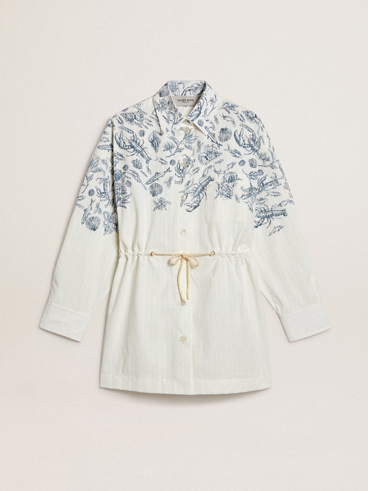 Golden Goose - Kurzes Damen-Hemdblusenkleid aus weiß gestreifter Baumwolle mit maritimem Print in Blau in 