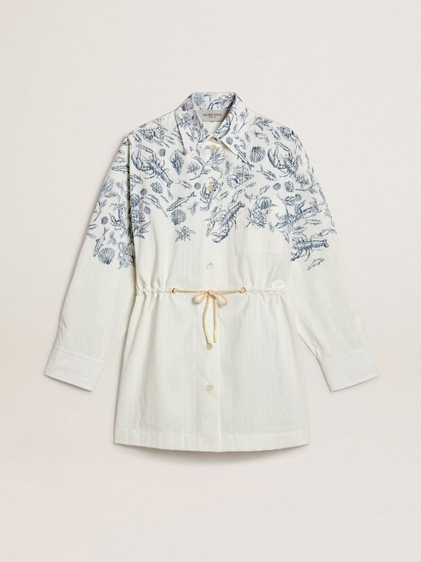 Golden Goose - Women's short shirt dress in white striped cotton with a blue marine print in 