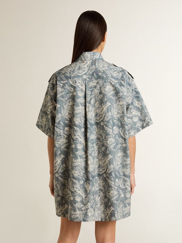 Golden Goose - Women's short shirt dress in light blue cotton poplin with all-over marine print in 