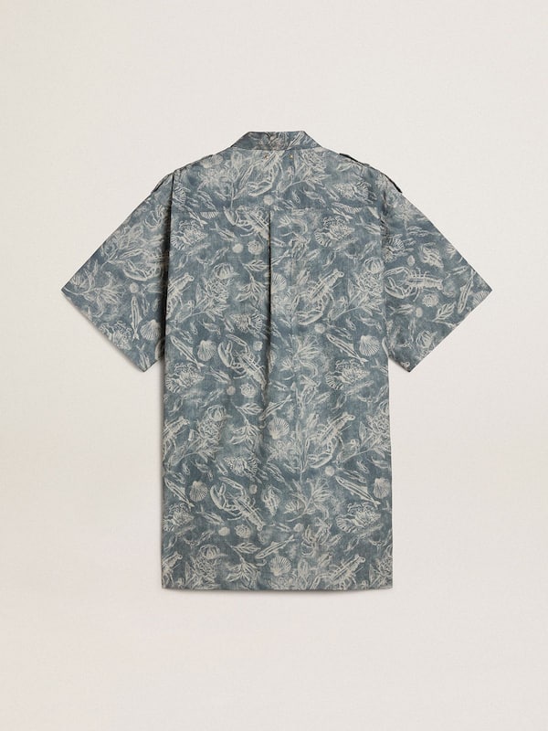 Golden Goose - Women's short shirt dress in light blue cotton poplin with all-over marine print in 