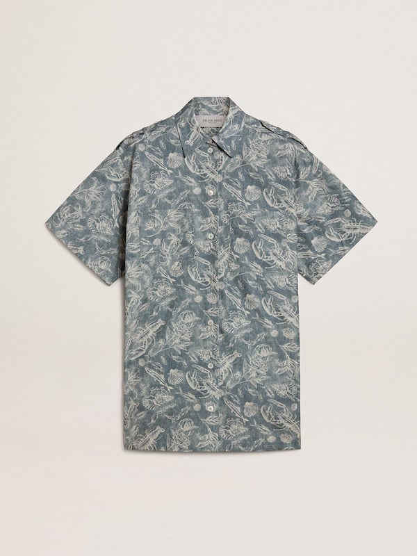 Golden Goose - Women's short shirt dress in light blue cotton poplin with all-over marine print in 