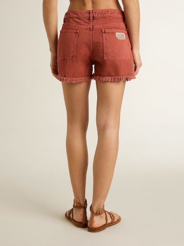 Golden Goose - Women's shorts in brick-red denim with Golden Mediterraneo embroidery in 