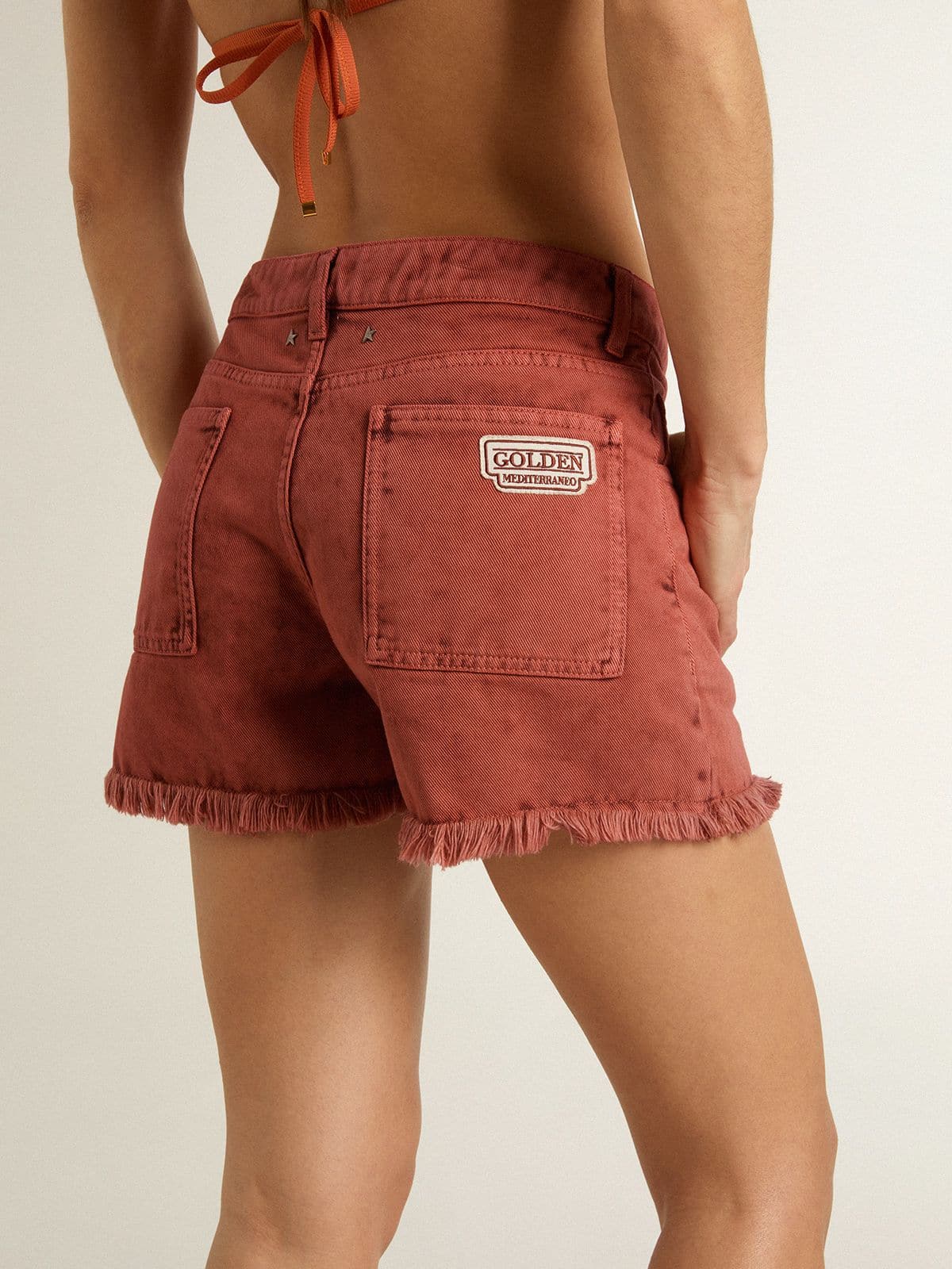 Women's shorts in brick-red denim with Golden Mediterraneo