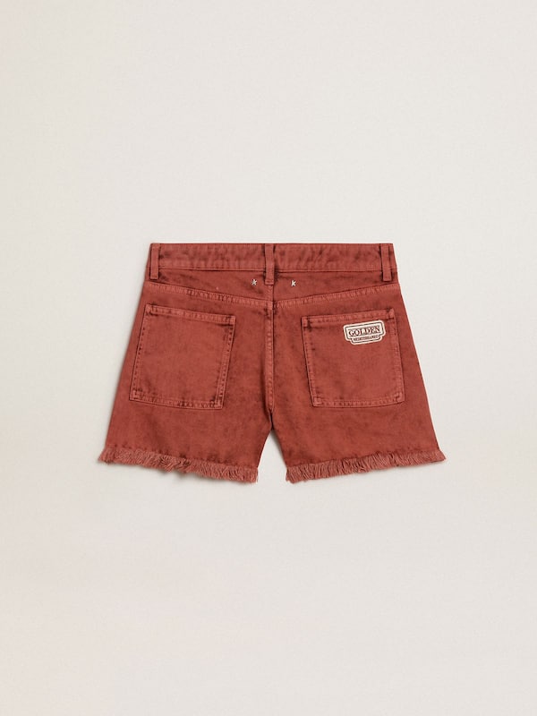 Golden Goose - Women's shorts in brick-red denim with Golden Mediterraneo embroidery in 