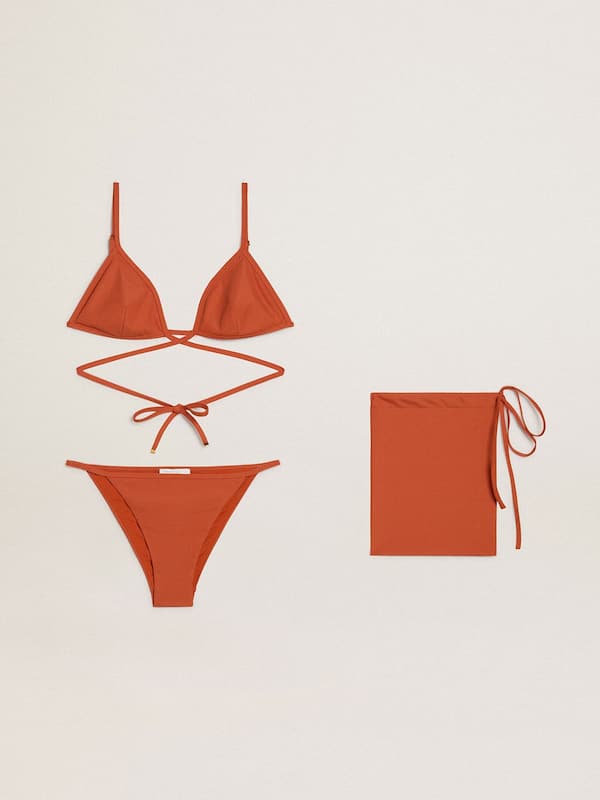 Golden Goose - Women's bikini in brick-red ribbed jersey with lacing and gold details in 