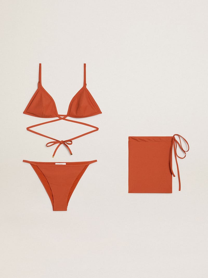 Women's bikini in brick-red ribbed jersey with lacing and gold details