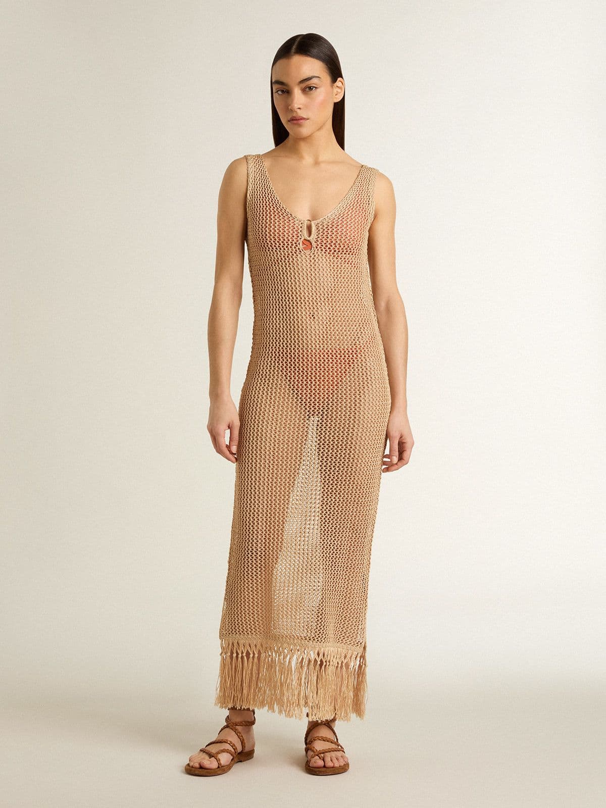 Golden Goose - Abito midi senza maniche da Donna in crochet beige con frange in 