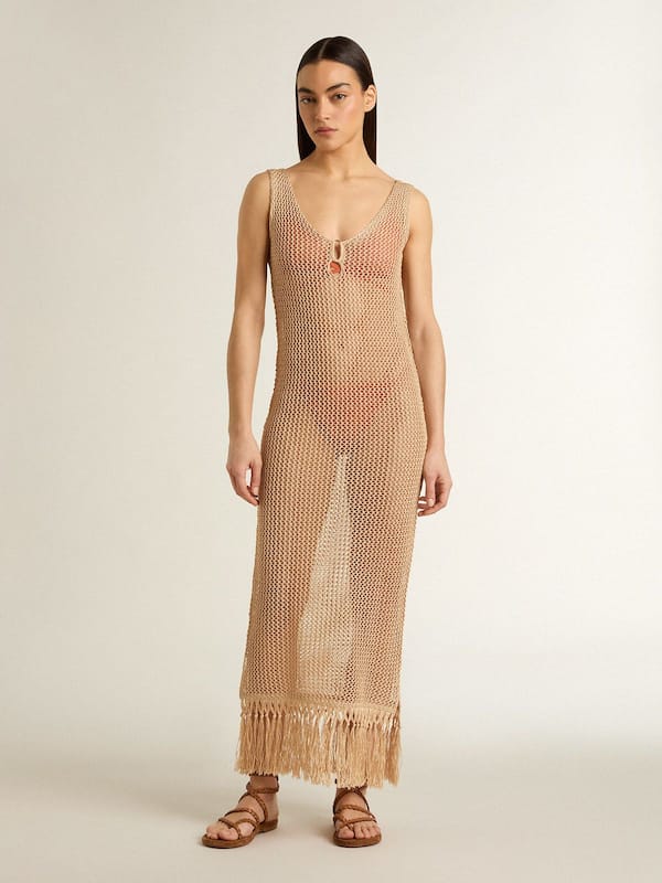 Women's sleeveless midi dress in beige crochet with fringes