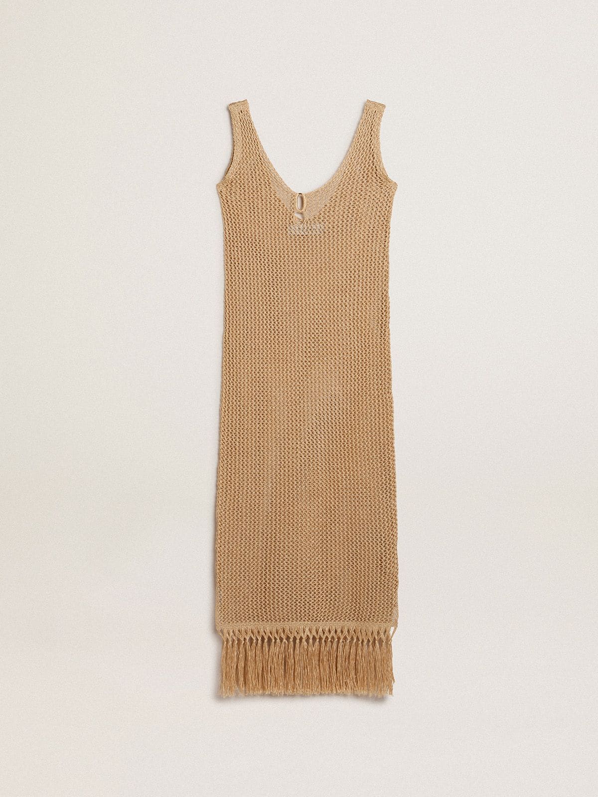 Women's sleeveless midi dress in beige crochet with fringes Women's sleeveless midi dress in beige crochet with fringes