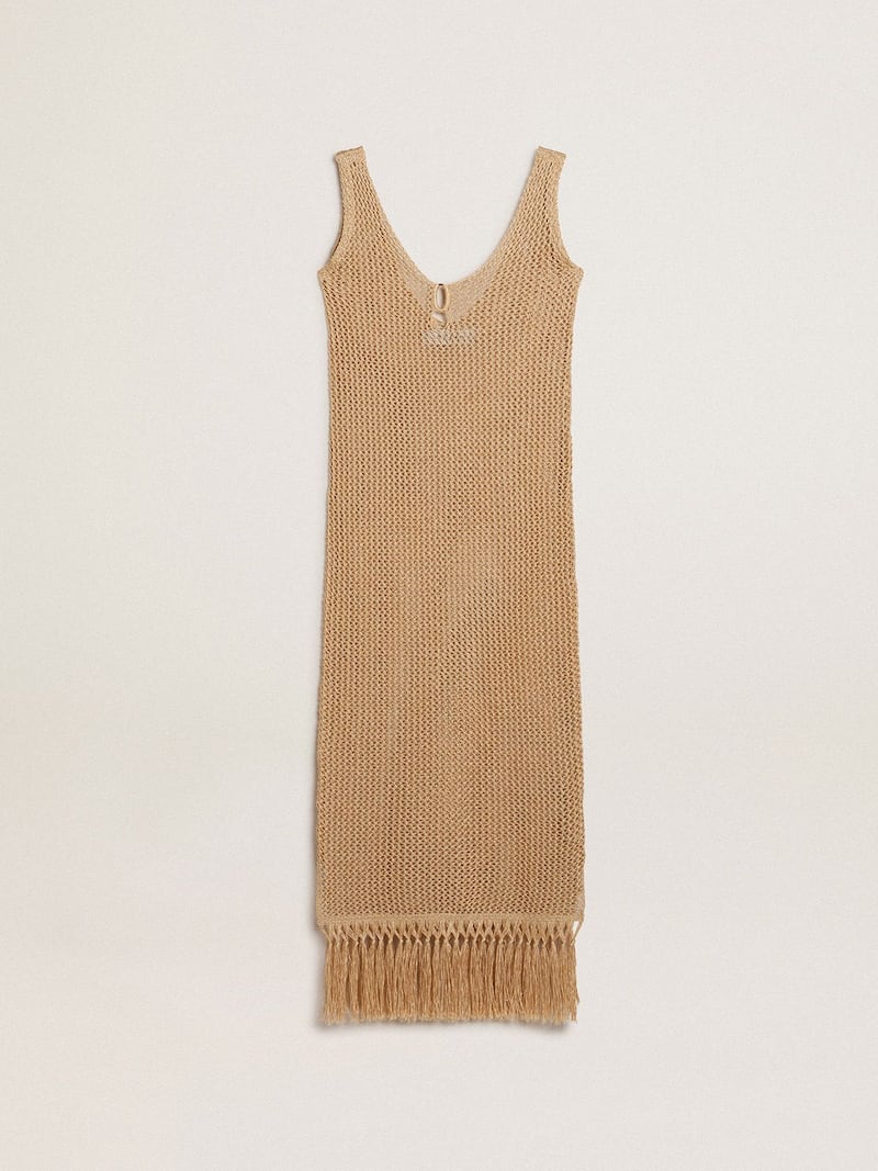 Women's sleeveless midi dress in beige crochet with fringes