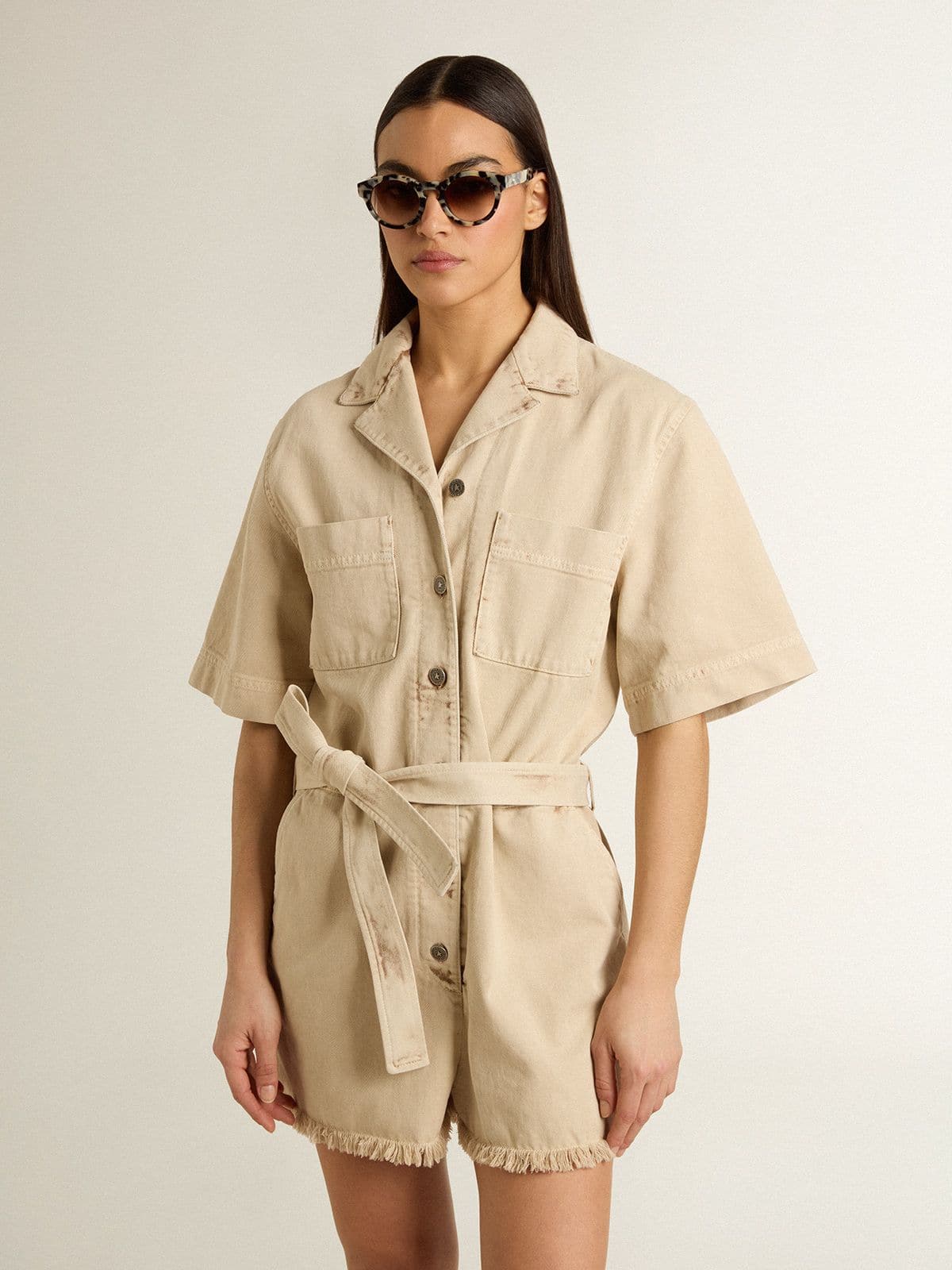 Golden Goose - Women's romper in beige denim with belt and frayed hem in 