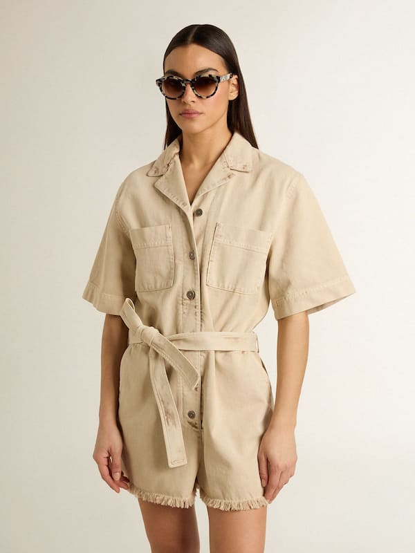 Golden Goose - Women's romper in beige denim with belt and frayed hem in 