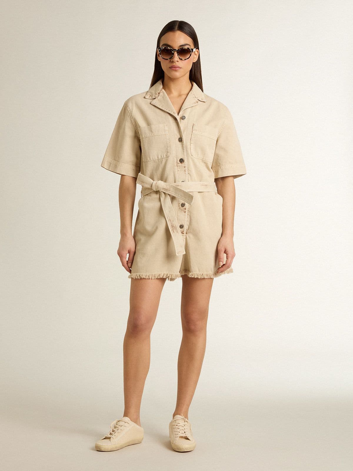 Golden Goose - Women's romper in beige denim with belt and frayed hem in 