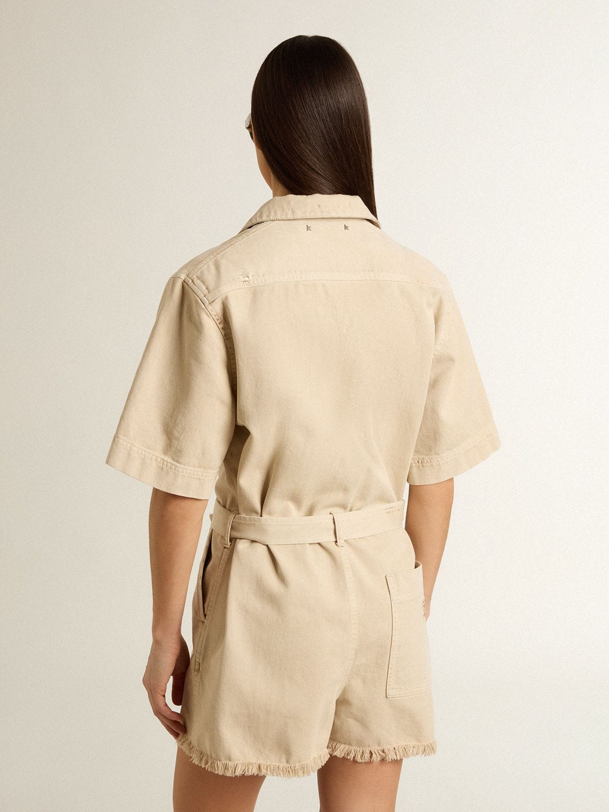Golden Goose - Women's romper in beige denim with belt and frayed hem in 