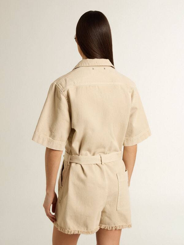 Golden Goose - Women's romper in beige denim with belt and frayed hem in 