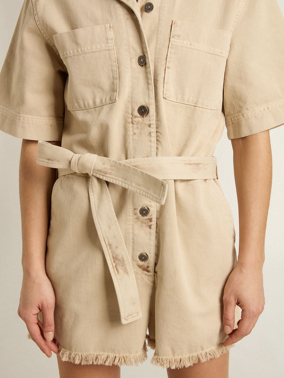 Golden Goose - Women's romper in beige denim with belt and frayed hem in 