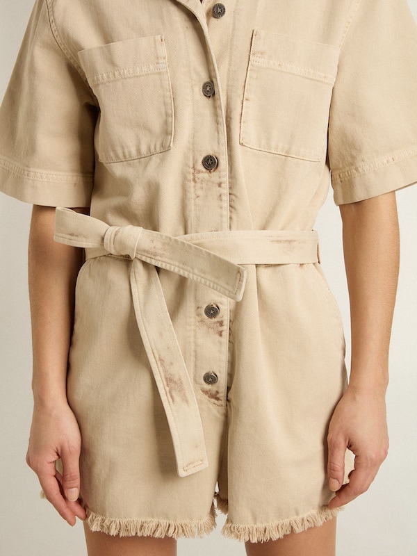 Golden Goose - Women's romper in beige denim with belt and frayed hem in 